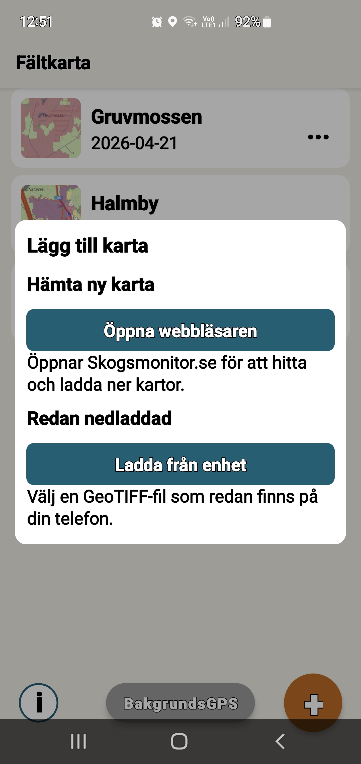 Skärmbild av Fältkarta